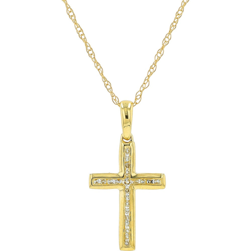14K Yellow Gold Channel-Set Round Diamond Cross Pendant - 0.06 Carat Total Diamond Weight