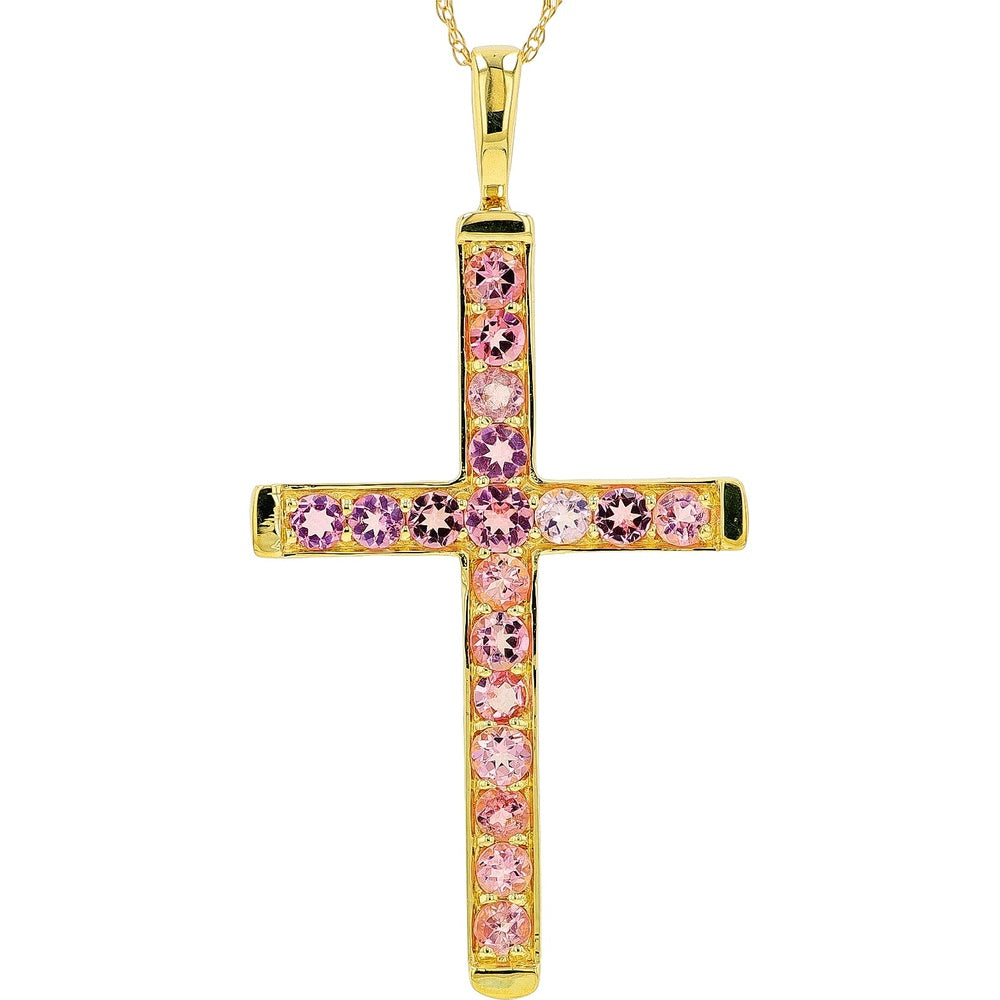 14K Yellow Gold Channel-Set Round Pink Tourmaline Cross Pendant - 1.25 Carat Total Gem Weight