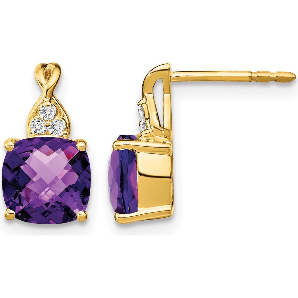 14K Yellow Gold Checkerboard Amethyst and Diamond Drop Earrings - 1.68 Carat Amethyst Total Weight, 0.01 Carat Diamond Total Weight by Oro Pregiato