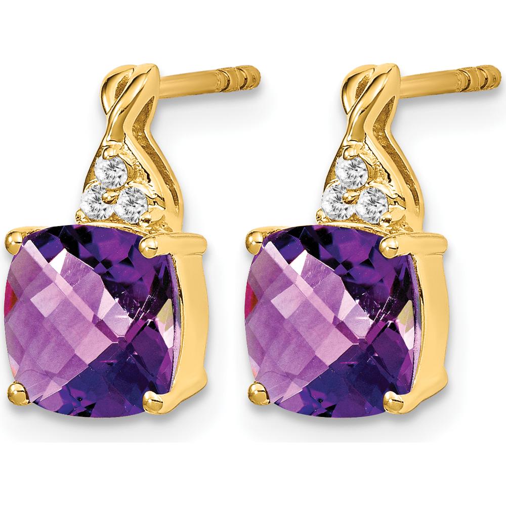 14K Yellow Gold Checkerboard Amethyst and Diamond Drop Earrings - 1.68 Carat Amethyst Total Weight, 0.01 Carat Diamond Total Weight by Oro Pregiato