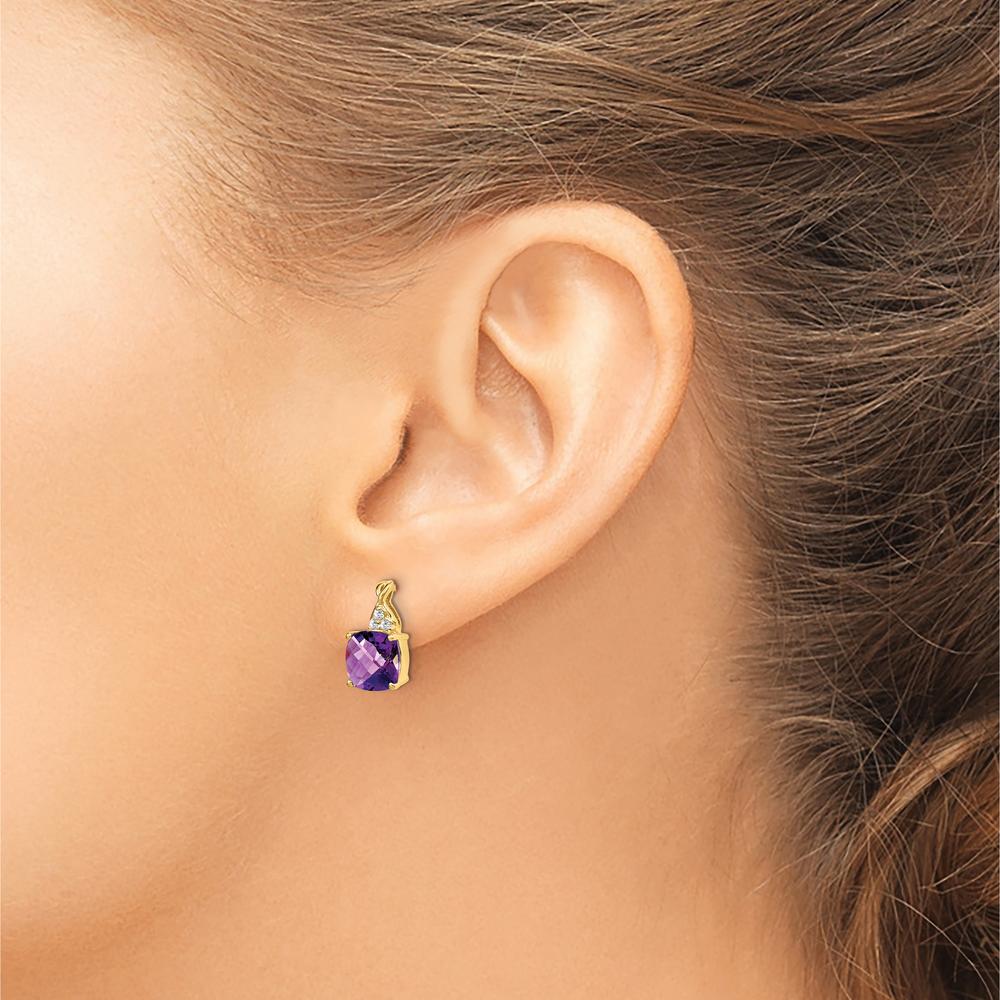 14K Yellow Gold Checkerboard Amethyst and Diamond Drop Earrings - 1.68 Carat Amethyst Total Weight, 0.01 Carat Diamond Total Weight by Oro Pregiato