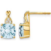 14K Yellow Gold Checkerboard Aquamarine Drop Earrings with Round Diamond Accents - 1.68 Carat Aquamarine Total Weight by Oro Pregiato