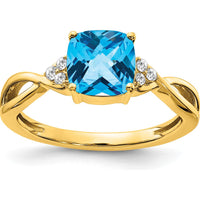 14K Yellow Gold Checkerboard Blue Topaz Ring with Round Diamond Accents - 1.75 Carat Total Gemstone Weight by 0