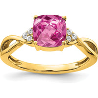 14K Yellow Gold Checkerboard Cushion Cut Pink Sapphire and Diamond Ring - 1.75 Carat Pink Sapphire, 0.06 Carat Diamonds by 0