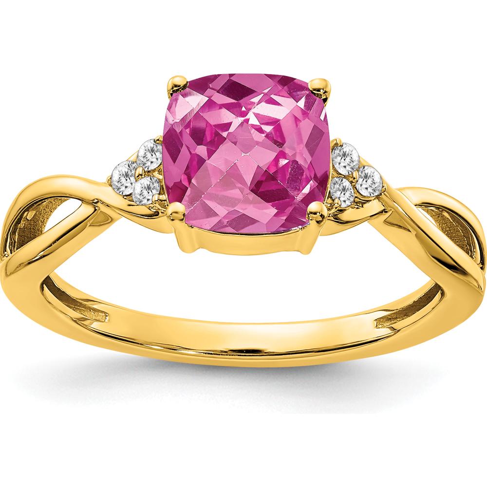 14K Yellow Gold Checkerboard Cushion Cut Pink Sapphire and Diamond Ring - 1.75 Carat Pink Sapphire, 0.06 Carat Diamonds by 0