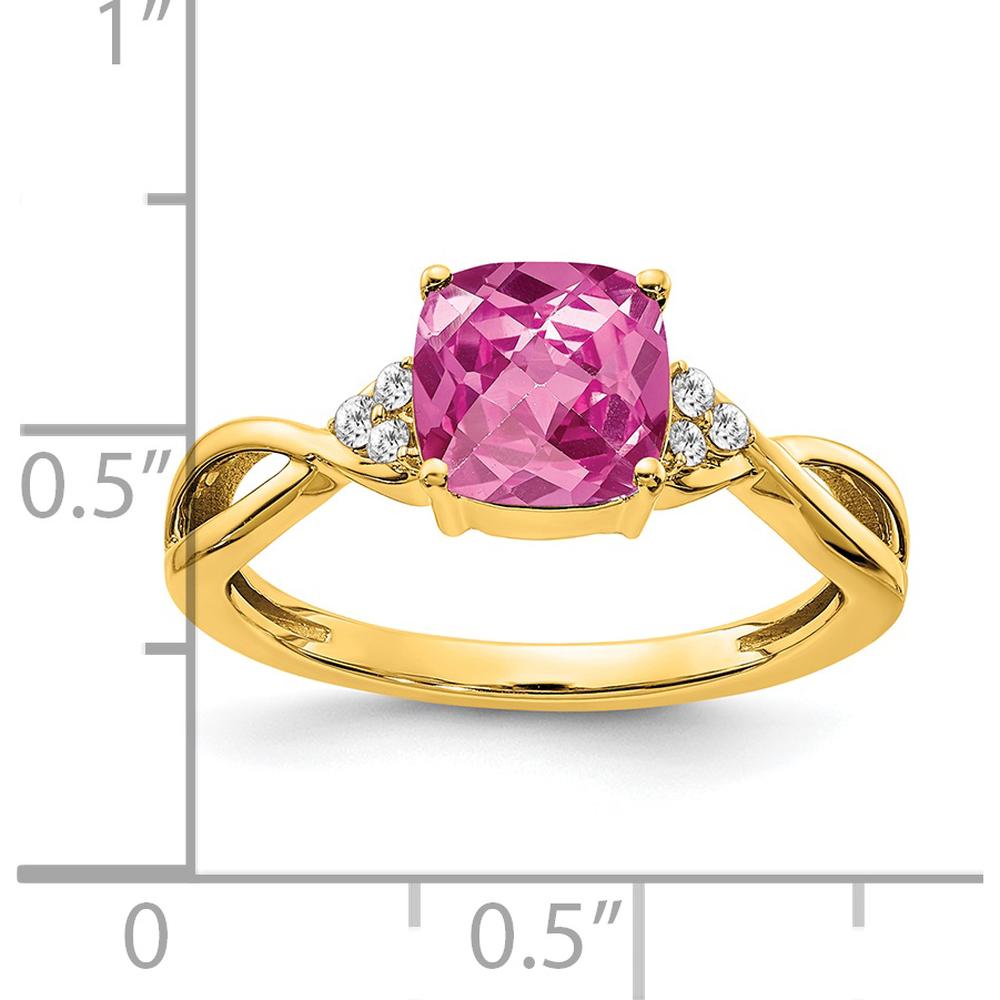 14K Yellow Gold Checkerboard Cushion Cut Pink Sapphire and Diamond Ring - 1.75 Carat Pink Sapphire, 0.06 Carat Diamonds by 0