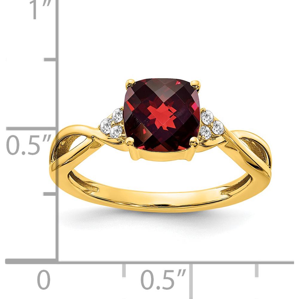 14K Yellow Gold Checkerboard Garnet and Diamond Ring with 1.75 Carat Cushion Cut Garnet and 0.06 Carat Round Diamonds by 0