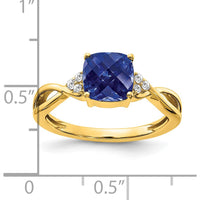 14K Yellow Gold Checkerboard Lab Created Sapphire and Diamond Ring - 1.75 Carat Sapphire, 0.01 Carat Total Diamond Weight by 0