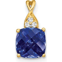 14K Yellow Gold Checkerboard Lab Created Sapphire Pendant with Round Diamonds - 1.715 Carat Sapphire, 0.01 Carat Diamond by Oro Pregiato