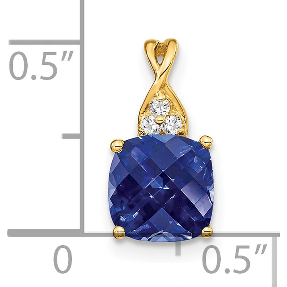 14K Yellow Gold Checkerboard Lab Created Sapphire Pendant with Round Diamonds - 1.715 Carat Sapphire, 0.01 Carat Diamond by Oro Pregiato