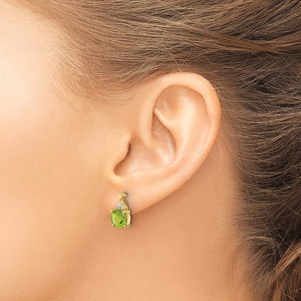 14K Yellow Gold Checkerboard Peridot Drop Earrings with Diamond Accents - 1.94 Carat Total Peridot Weight by Oro Pregiato