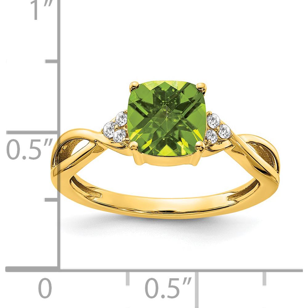 14K Yellow Gold Checkerboard Peridot Ring with Round Diamond Accents - 1.89 Carat Peridot Weight, 0.01 Carat Total Diamond Weight by 0
