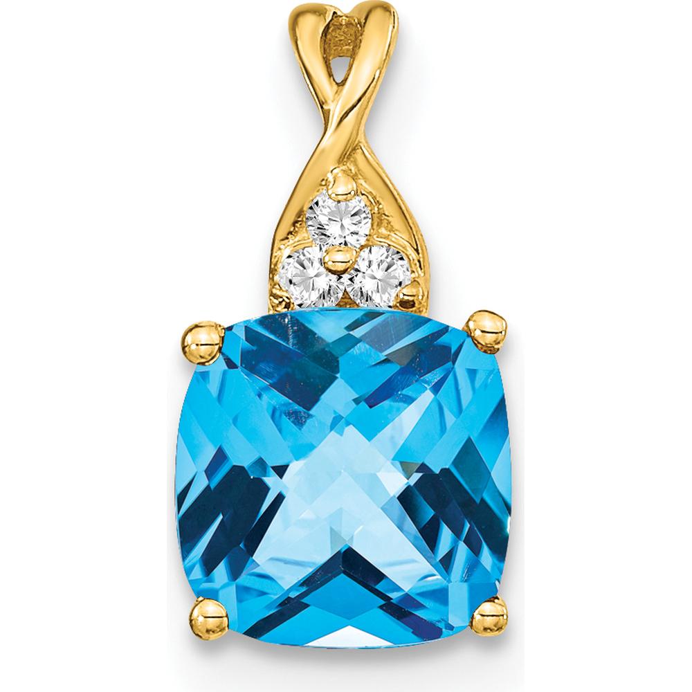 14K Yellow Gold Checkerboard Swiss Blue Topaz Pendant with Round Diamond Accents - 1.715 Carat Topaz, 0.01 Carat Diamond by Oro Pregiato