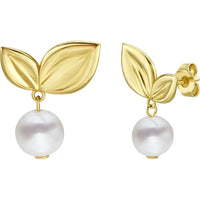 14K Yellow Gold Cherry Leaf & Freshwater Pearl Drop Stud Earrings - Spring Collection by Orozza Fine Jewelry
