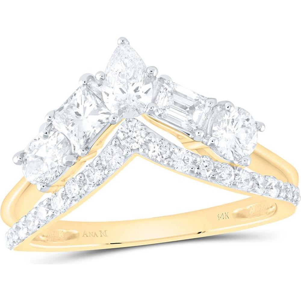 14K Yellow Gold Chevron Diamond Fashion Ring with Round, Princess, and Pear Cut Diamonds - 1.38 Carat Total Diamond Weight