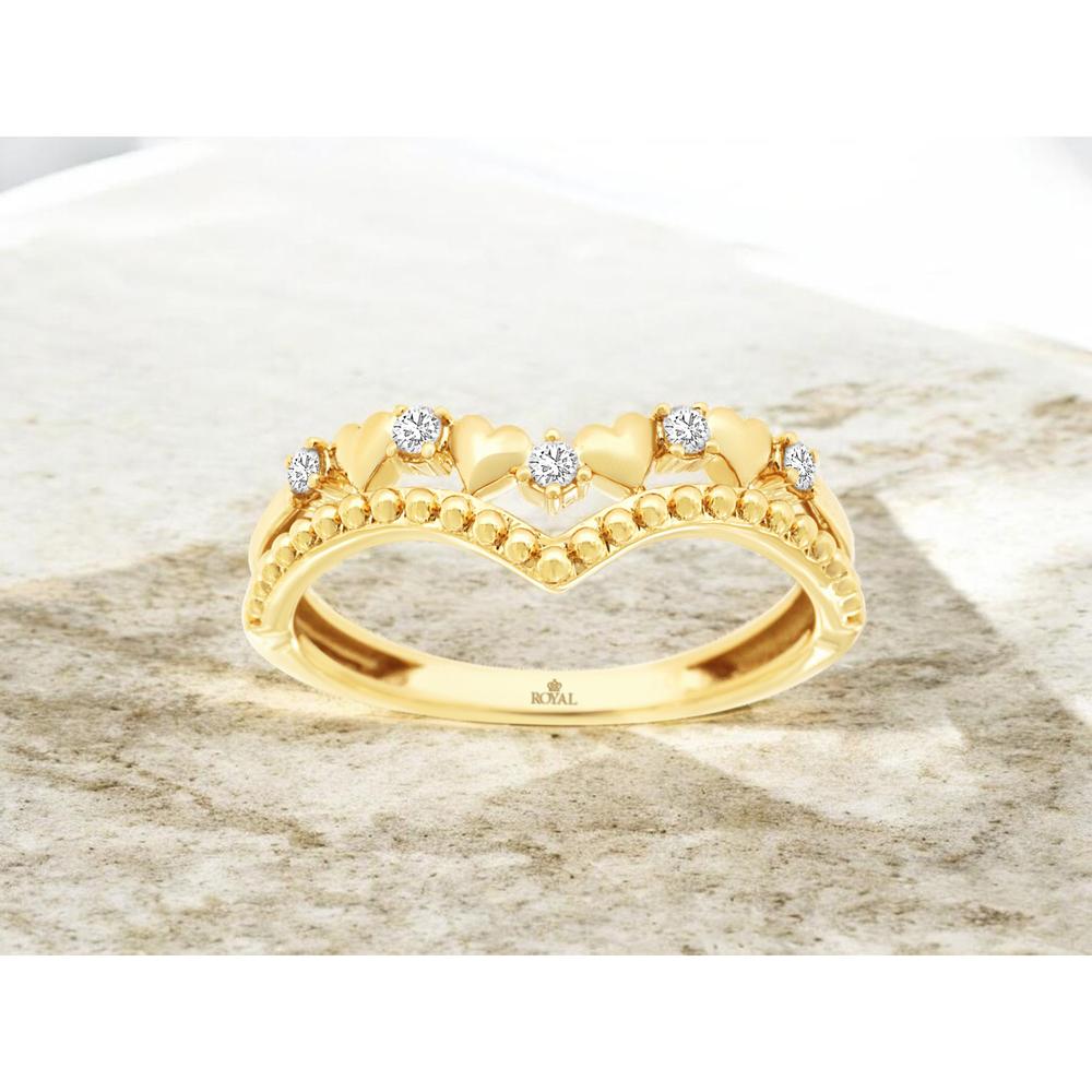 14K Yellow Gold Chevron Heart Band Ring with Round Diamonds - 0.10 Carat Total Diamond Weight - Royal Jewelry