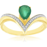 14K Yellow Gold Chevron Ring with 0.68 Carat Pear-Shaped Emerald and 0.15 Carat Diamond Channel Setting - Royal Jewelry