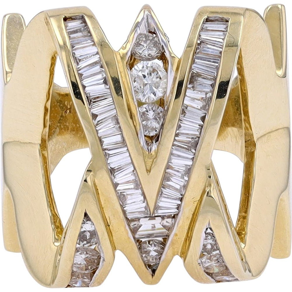 14K Yellow Gold Chevron Ring with Channel-Set Baguette and Round Diamonds - 1.50 Carat Total Diamond Weight