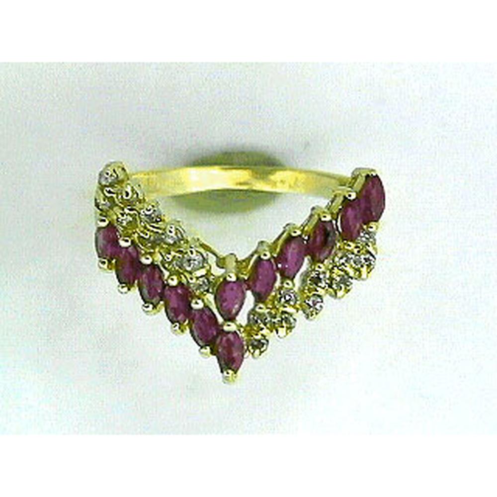 14K Yellow Gold Chevron Ring with Marquise Cut Rubies and Round Diamonds - 0.95 Carat Total Ruby Weight, 0.30 Carat Total Diamond Weight - Royal Jewelry