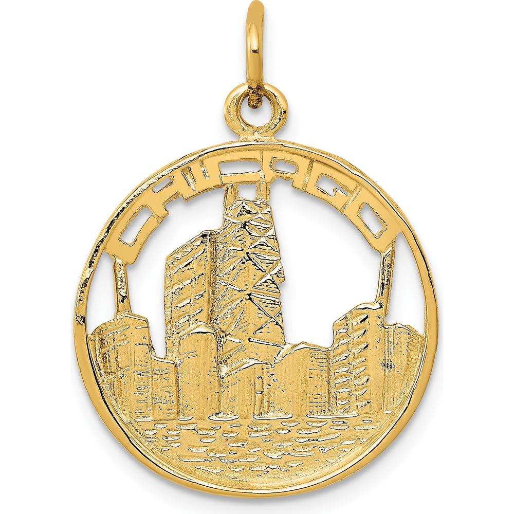 14K Yellow Gold Chicago Skyline Charm Pendant - Polished Finish, 24.5mm Length