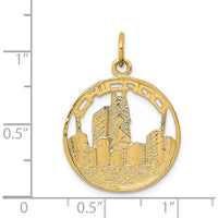 14K Yellow Gold Chicago Skyline Charm Pendant - Polished Finish, 24.5mm Length