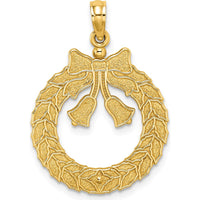 14K Yellow Gold Christmas Wreath Pendant with Textured Bells and Bow - 27.25mm Length by Oro Pregiato