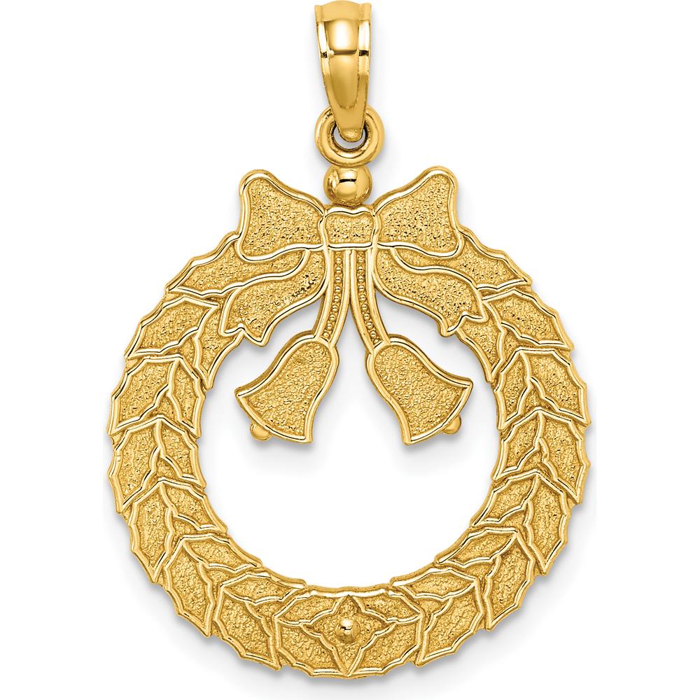 14K Yellow Gold Christmas Wreath Pendant with Textured Bells and Bow - 27.25mm Length by Oro Pregiato