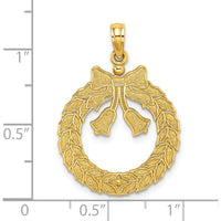 14K Yellow Gold Christmas Wreath Pendant with Textured Bells and Bow - 27.25mm Length by Oro Pregiato