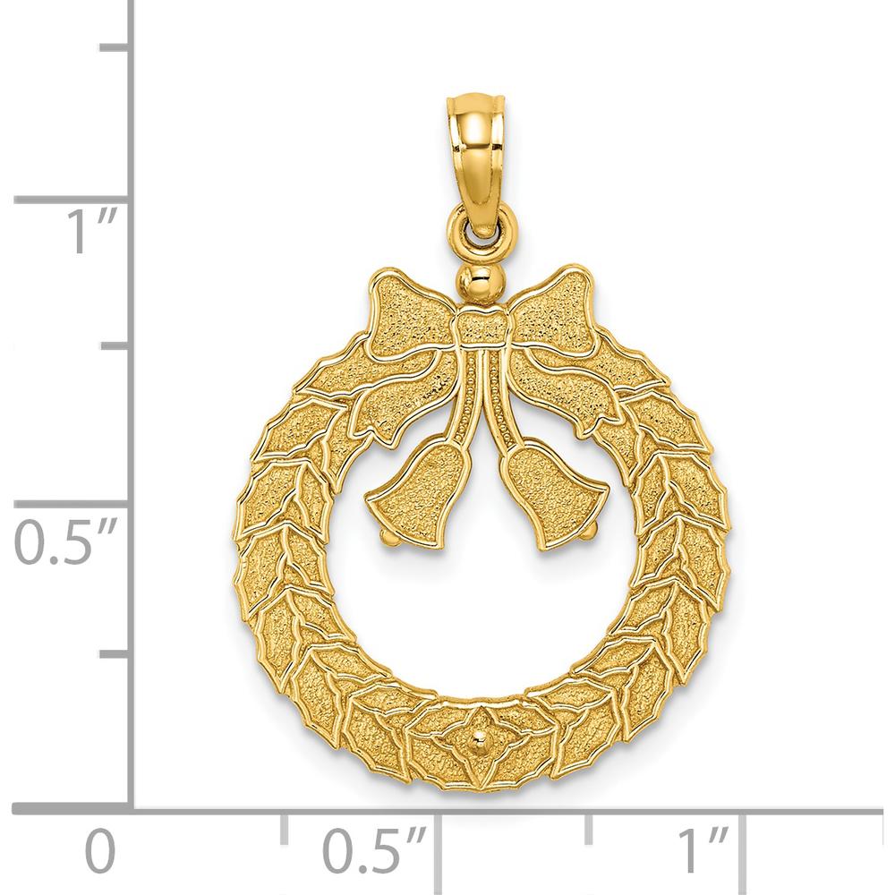 14K Yellow Gold Christmas Wreath Pendant with Textured Bells and Bow - 27.25mm Length by Oro Pregiato