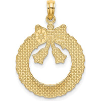 14K Yellow Gold Christmas Wreath Pendant with Textured Bells and Bow - 27.25mm Length by Oro Pregiato