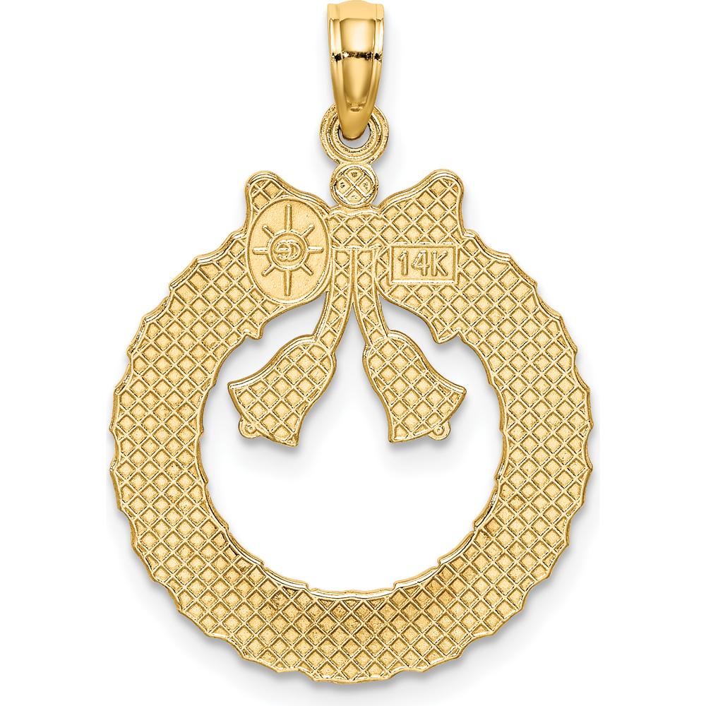 14K Yellow Gold Christmas Wreath Pendant with Textured Bells and Bow - 27.25mm Length by Oro Pregiato