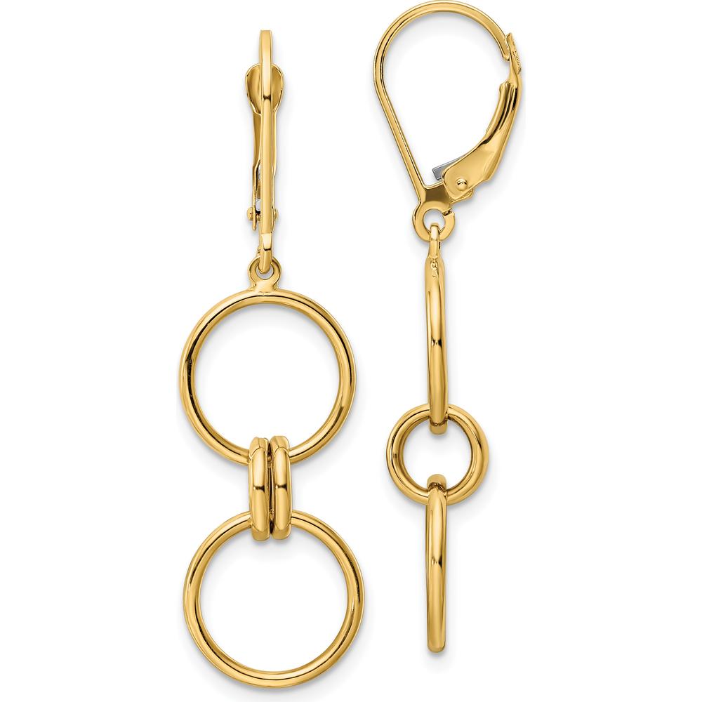 14K Yellow Gold Circle Dangle Leverback Earrings - 43.4mm Length by 0