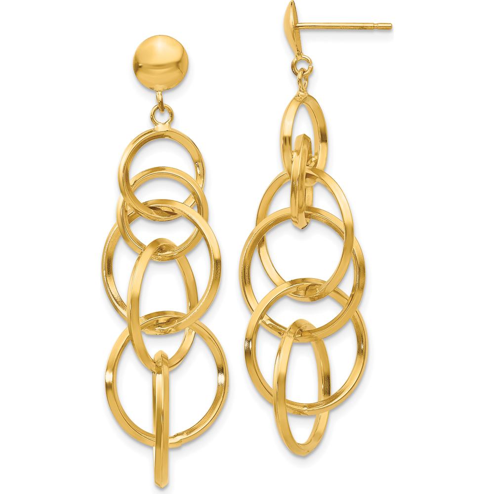 14K Yellow Gold Circle Drop Post Earrings - Polished Finish, 46mm Length by 0