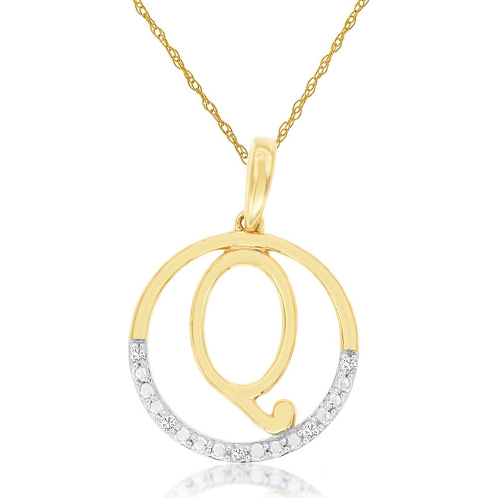 14K Yellow Gold Circle Initial Q Pendant Necklace with Round Diamonds - 0.02 Carat Total Diamond Weight - Royal Jewelry