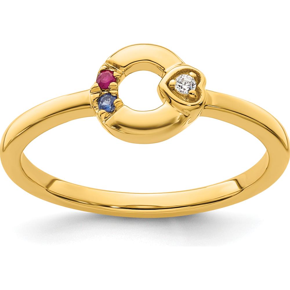 14K Yellow Gold Circle Motif Mother's Ring with Heart Accent, Round Diamond, Ruby, and Sapphire Birthstones by 0