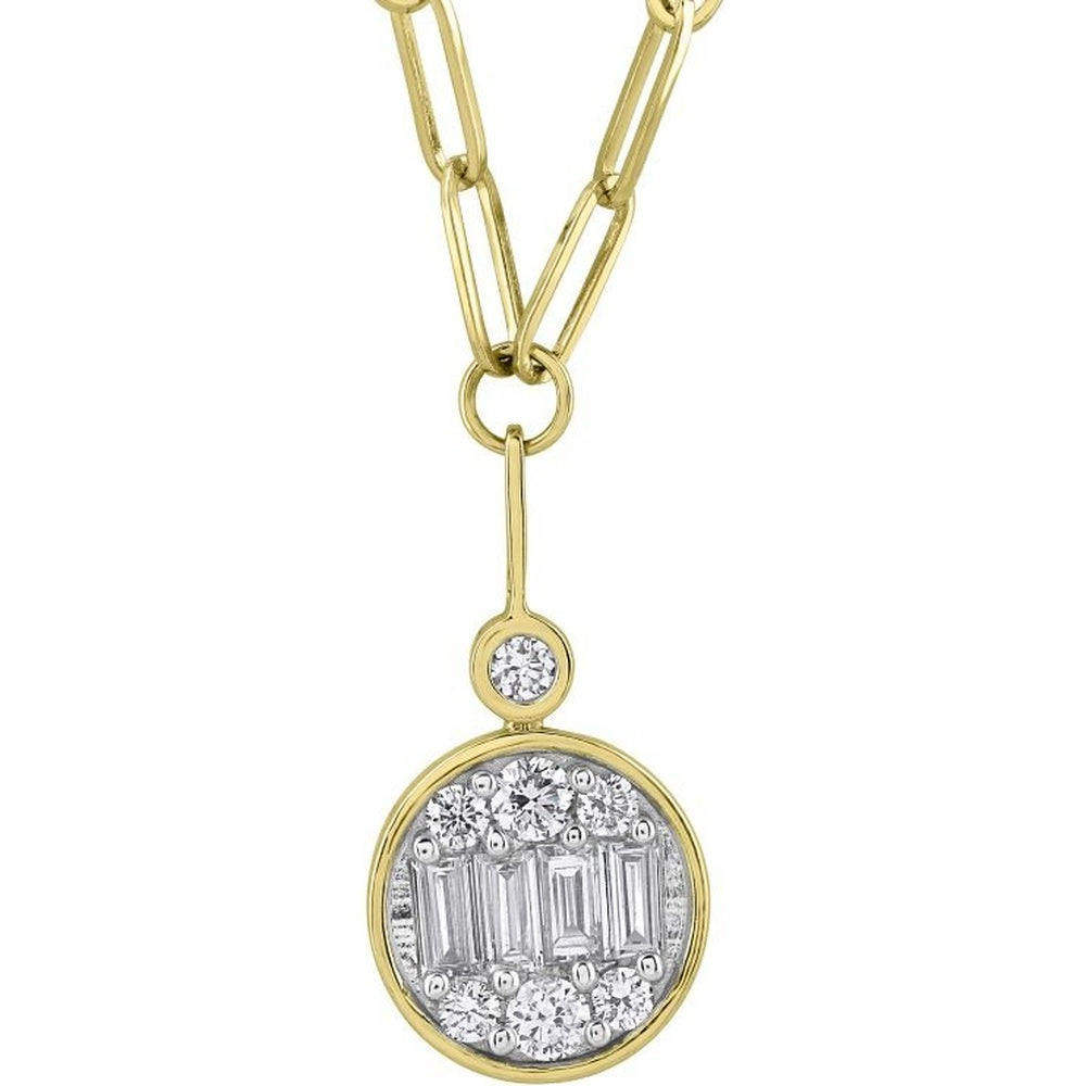 14K Yellow Gold Circle Pendant Necklace with Baguette and Round Diamond Cluster - 0.56 Carat Total Diamond Weight by Auriventus