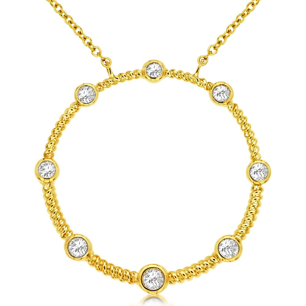 14K Yellow Gold Circle Pendant Necklace with Bezel-Set Round Diamonds - 0.25 Carat Total Diamond Weight - Royal Jewelry