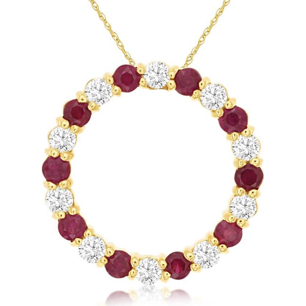 14K Yellow Gold Circle Pendant with Alternating Round Ruby and Diamond Prong-Set Stones - 1.00 Carat Total Gem Weight - Royal Jewelry