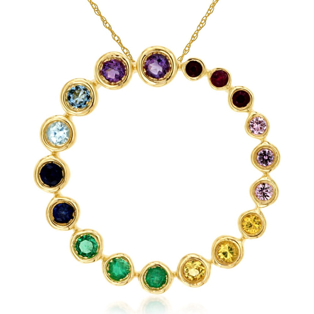 14K Yellow Gold Circle Pendant with Bezel Set Multi-Color Round Sapphires - 0.48 Carat Total Sapphire Weight - Royal Jewelry