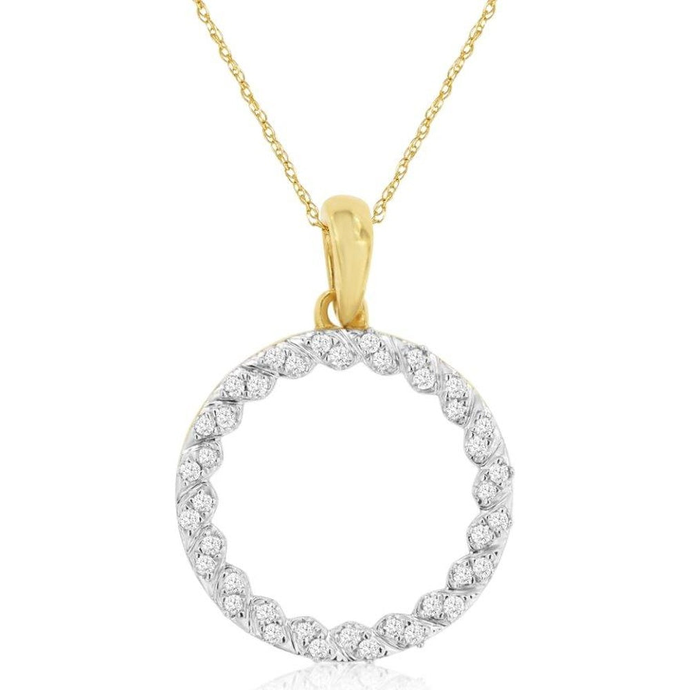 14K Yellow Gold Circle Pendant with Bezel-Set Round Diamonds - 0.20 Carat Total Diamond Weight - Royal Jewelry