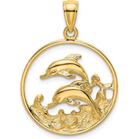 14K Yellow Gold Circle Pendant with Leaping Dolphins and Textured Waves by Oro Pregiato