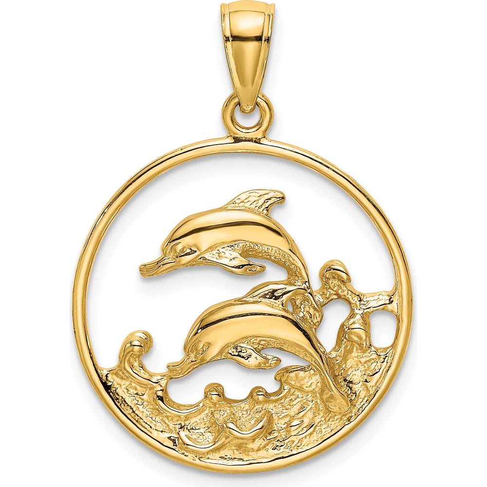 14K Yellow Gold Circle Pendant with Leaping Dolphins and Textured Waves by Oro Pregiato