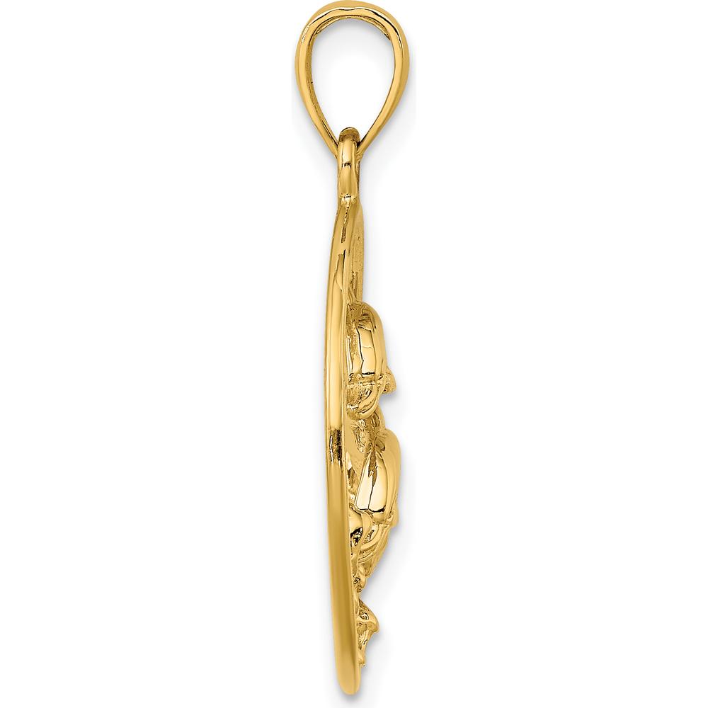 14K Yellow Gold Circle Pendant with Leaping Dolphins and Textured Waves by Oro Pregiato