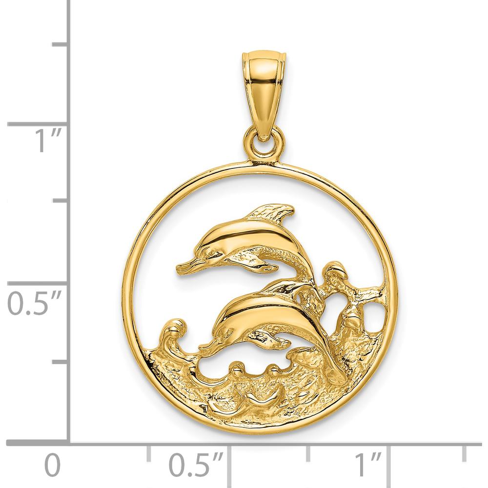 14K Yellow Gold Circle Pendant with Leaping Dolphins and Textured Waves by Oro Pregiato