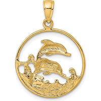 14K Yellow Gold Circle Pendant with Leaping Dolphins and Textured Waves by Oro Pregiato
