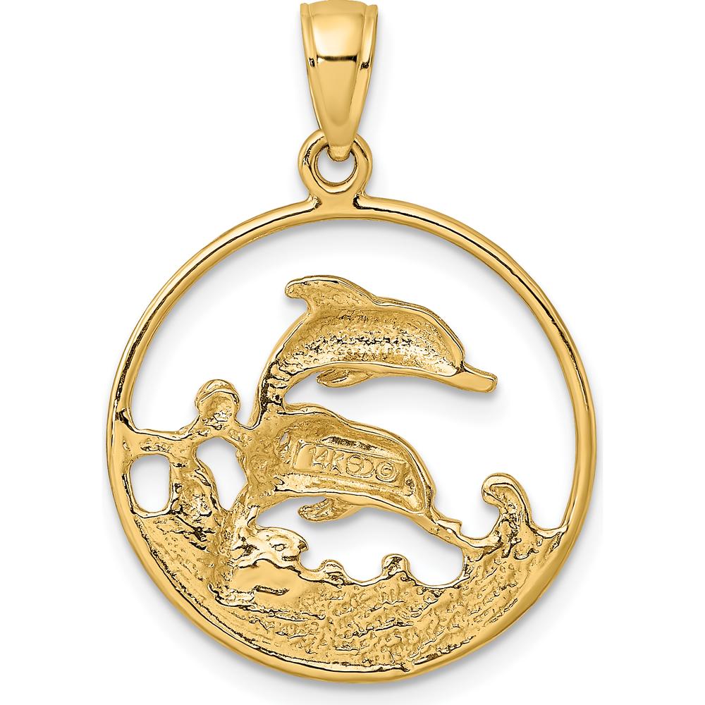 14K Yellow Gold Circle Pendant with Leaping Dolphins and Textured Waves by Oro Pregiato