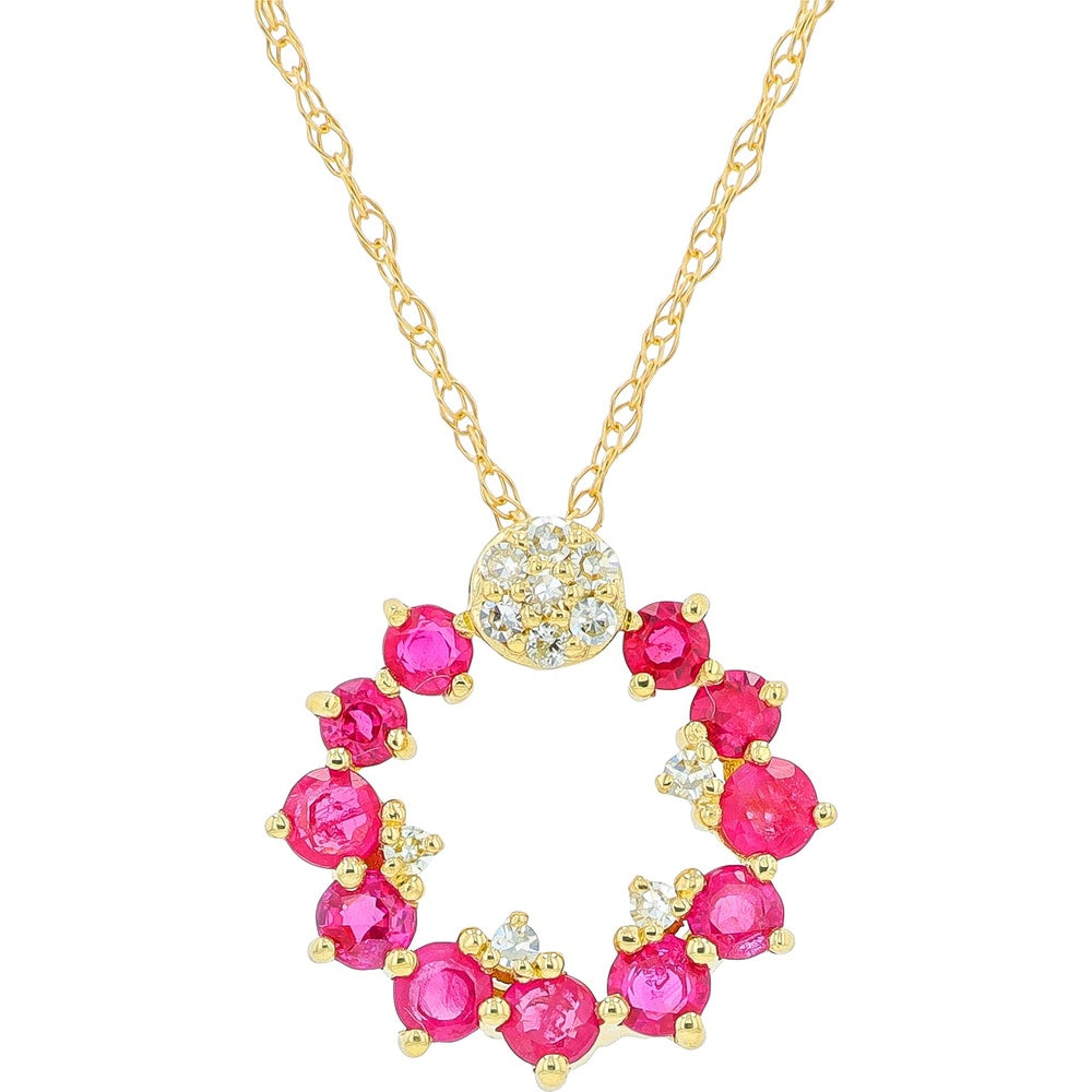 14K Yellow Gold Circle Pendant with Prong-Set Round Rubies and Diamond Accent - 0.55 Carat Total Ruby Weight and 0.05 Carat Total Diamond Weight