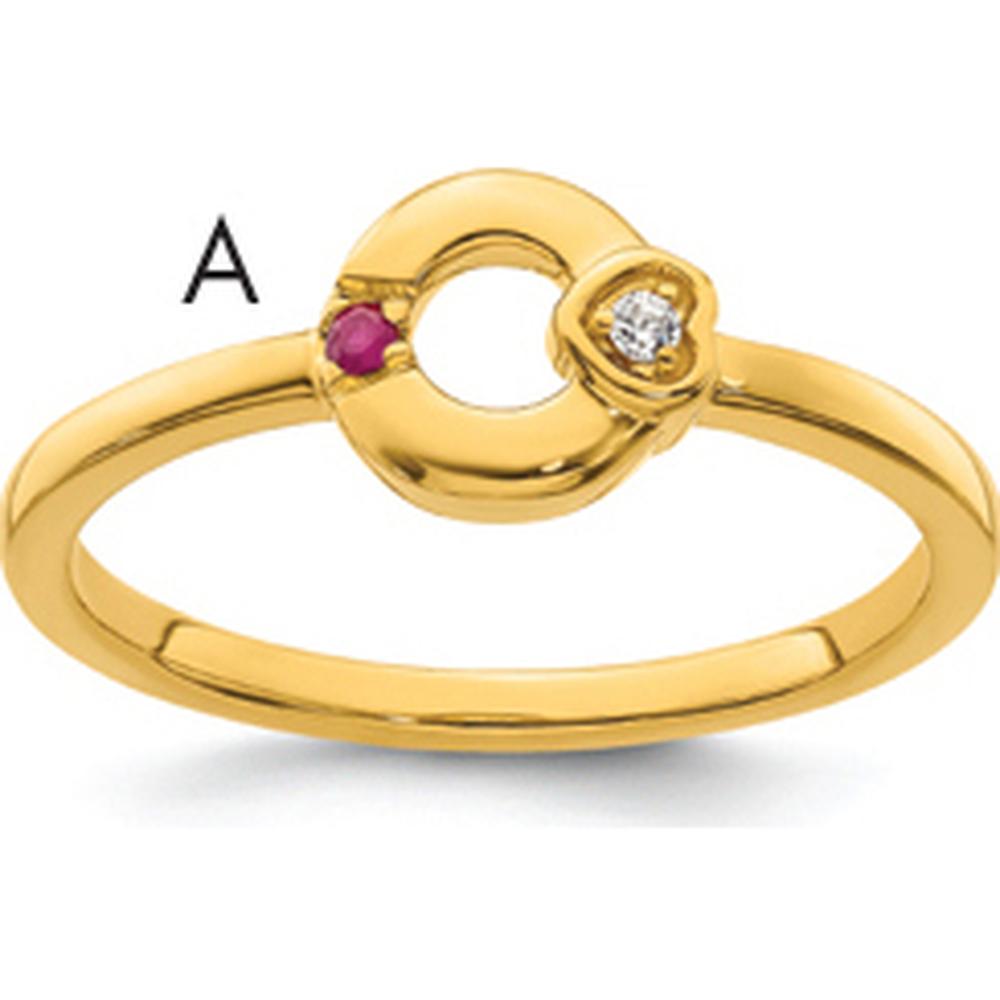 14K Yellow Gold Circle Ring with Heart Bezel Diamond and Ruby Birthstone Accent by 0