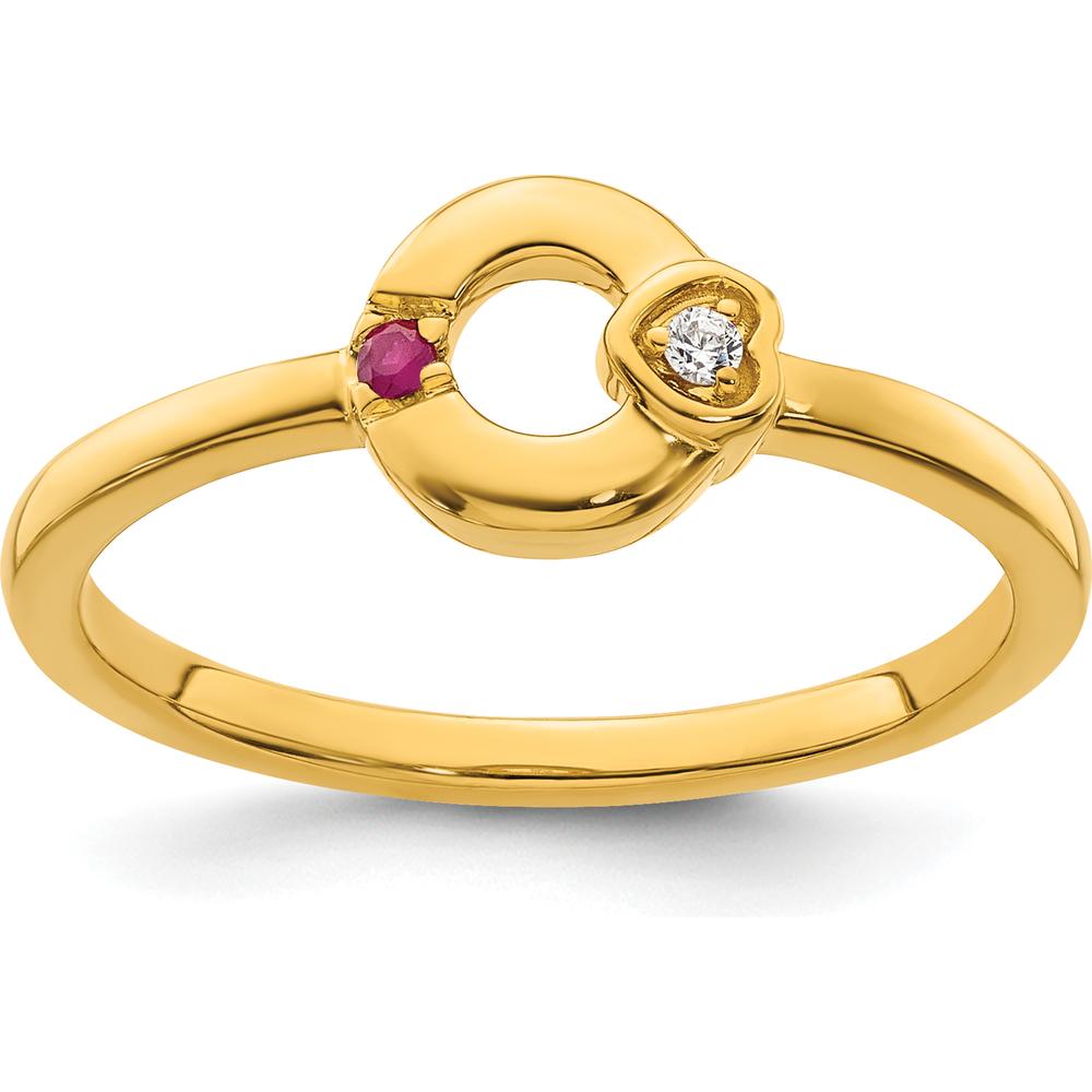 14K Yellow Gold Circle Ring with Heart Bezel Diamond and Ruby Birthstone Accent by 0