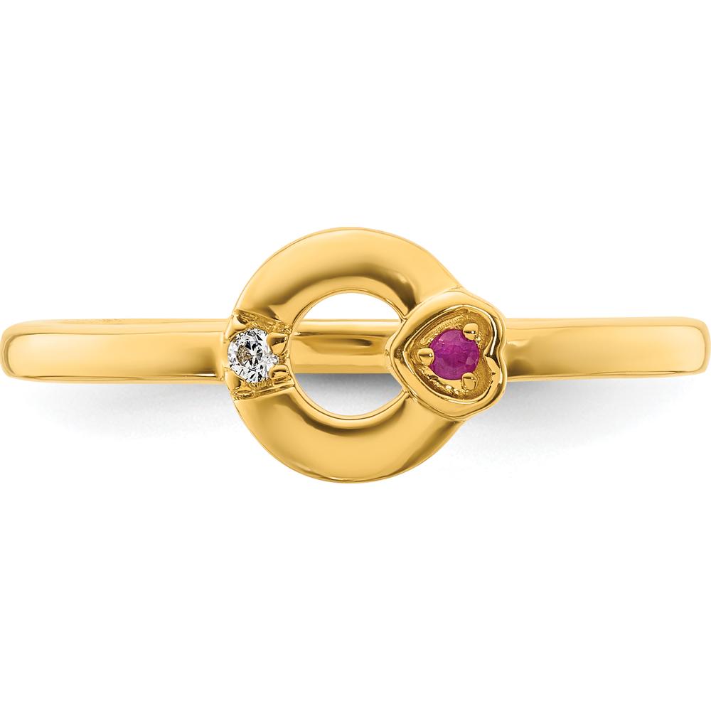 14K Yellow Gold Circle Ring with Heart Bezel Diamond and Ruby Birthstone Accent by 0